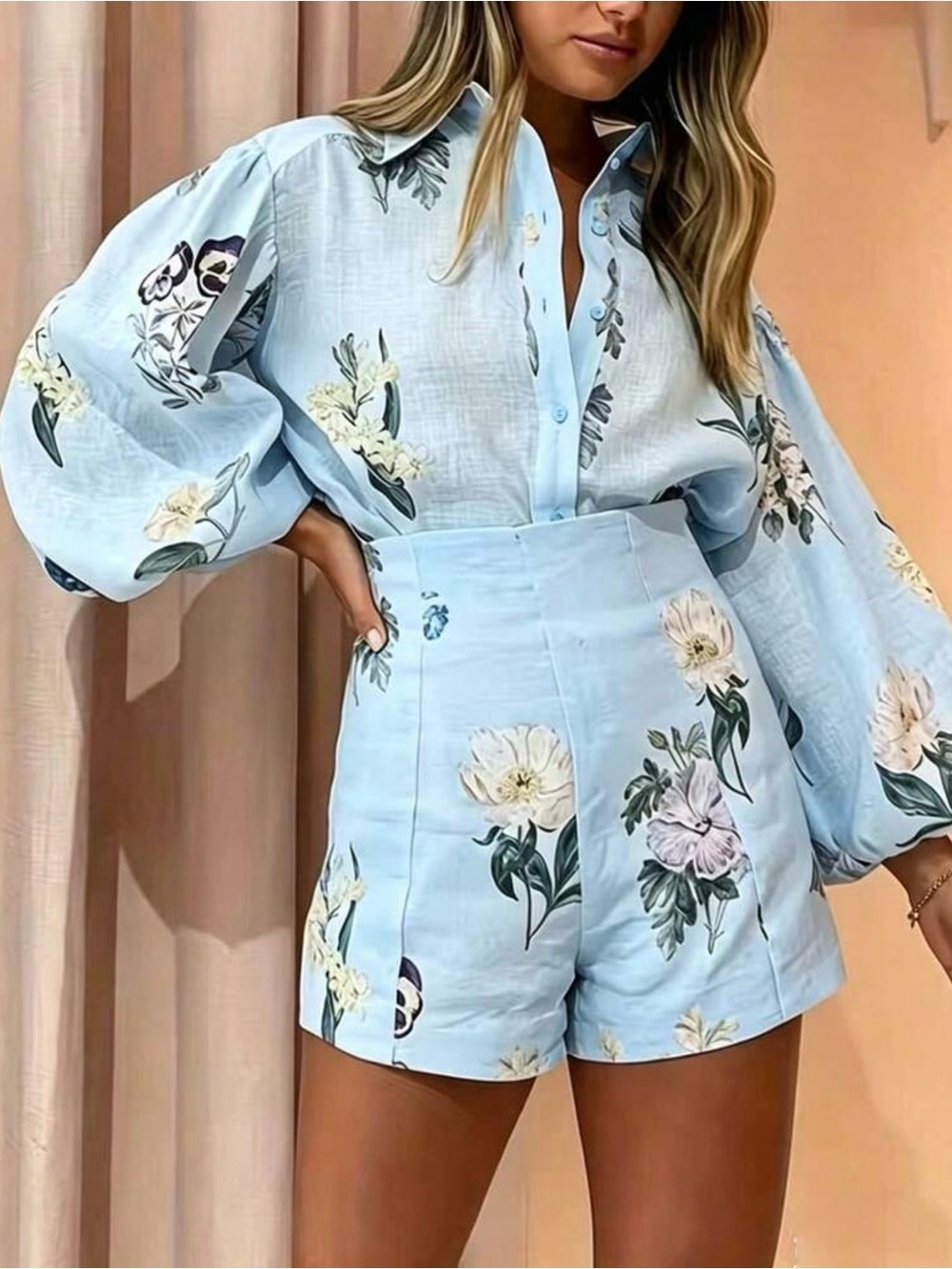 Floral High-Waist Women's Shorts and shirt set - Light Blue